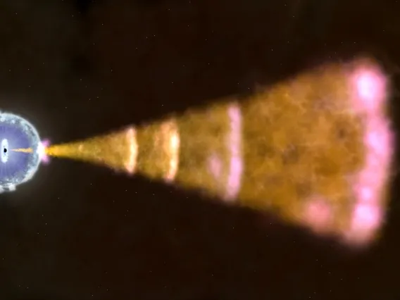 Illustration of a massive star collapsing and sending a jet into space, which is seen as a gamma ray burst