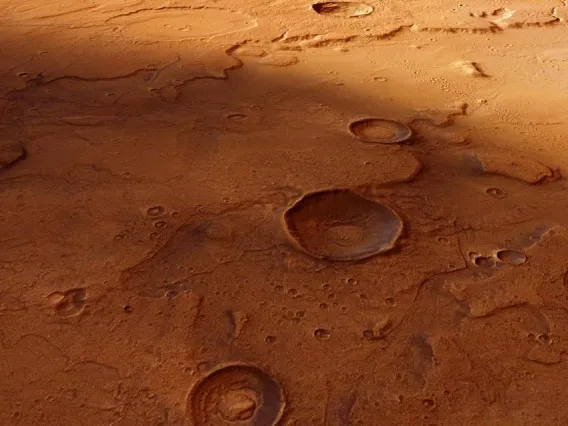 An overview of the Acidalia Planitia region taken by the European Space Agency's Mars Express orbiter. The transition between Acidalia Planitia and Tempe Terra is shown here in a computer-generated perspective view.(Image: ESA/DLR/FU Berlin (G. Neukum)